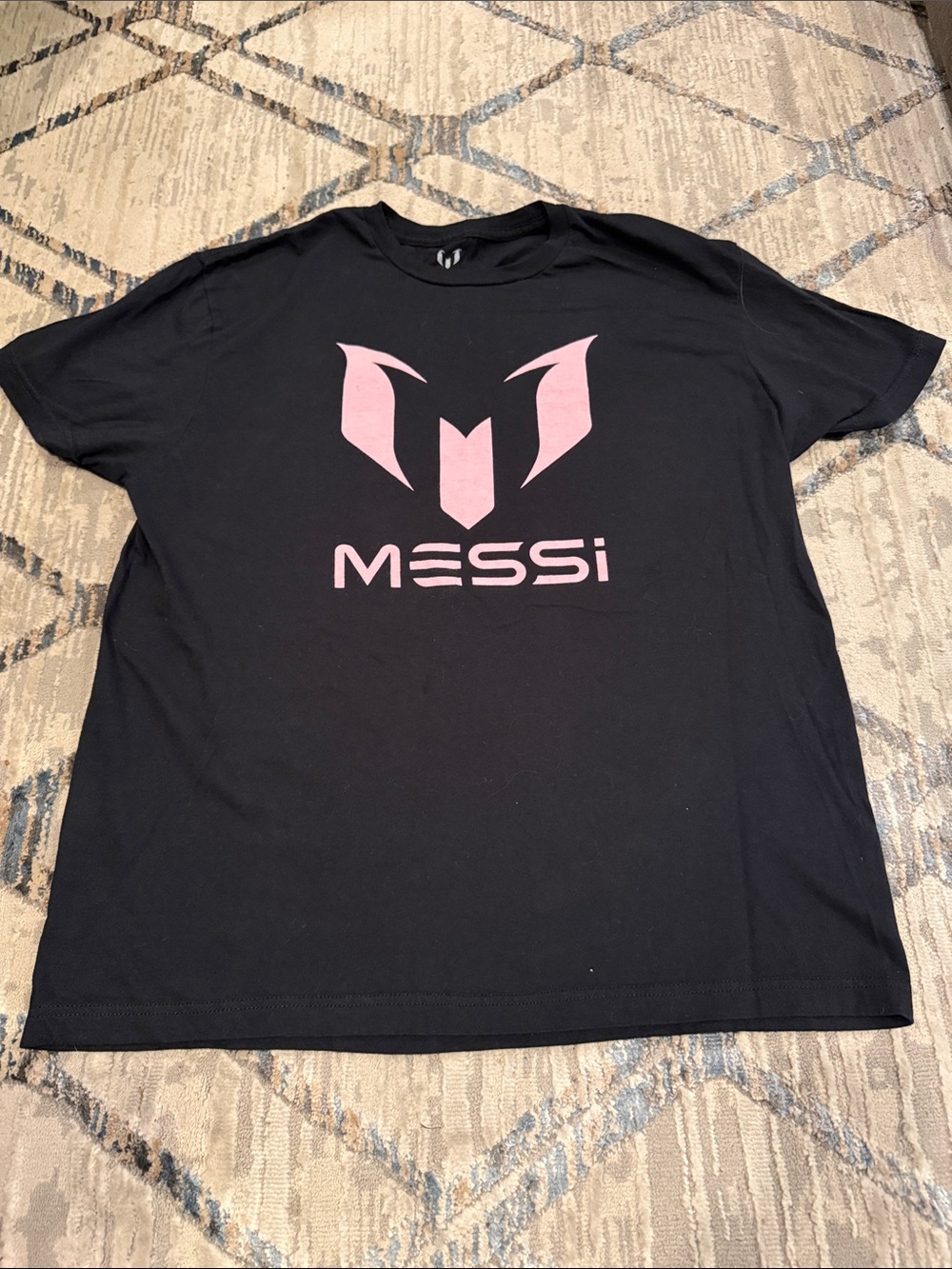 Messi Men's Black Short Sleeve Tee with Pink Logo Graphic